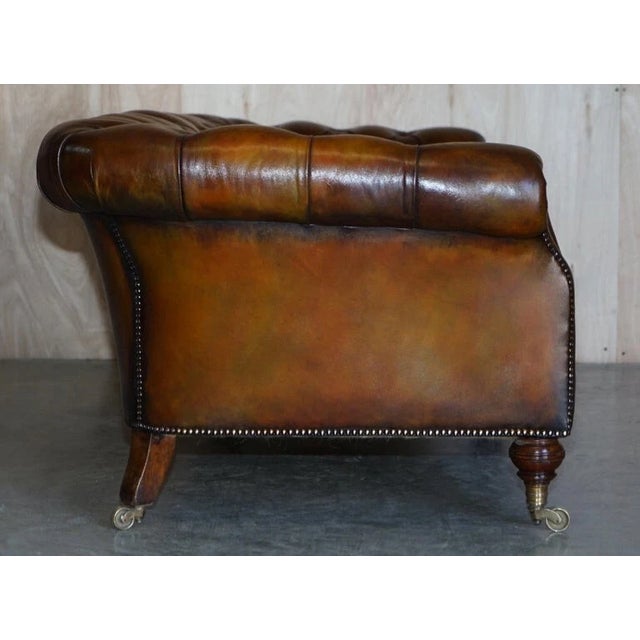 Exceptionally Rare Pair of Fully Restored Antique Howard & Sons Berners Street Leather Chesterfield Sofas For Sale In Dallas - Image 6 of 18