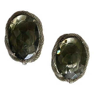 Hattie Carnegie Smoky Crystal Braided Silver Earrings For Sale