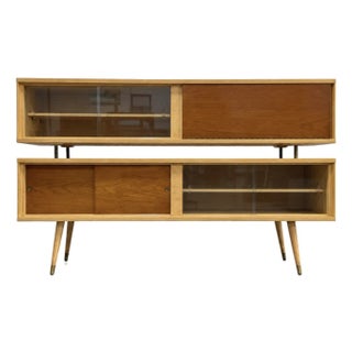 Mid Century Modern Wall Unit / Double Credenza + Mirrored Bar + Lights, C. 1960’s For Sale