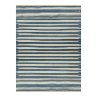 Rug & Kilim’s Contemporary Dhurrie Rug in Blue and Cream White Stripes For Sale