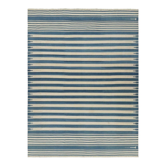 Rug & Kilim’s Contemporary Dhurrie Rug in Blue and Cream White Stripes For Sale