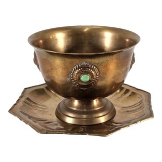 Vintage Tibetan Jeweled Bronze Butter Lamp – Buddhist Temple Offering Vessel For Sale