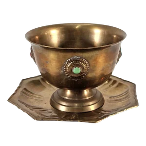 Vintage Tibetan Jeweled Bronze Butter Lamp – Buddhist Temple Offering Vessel