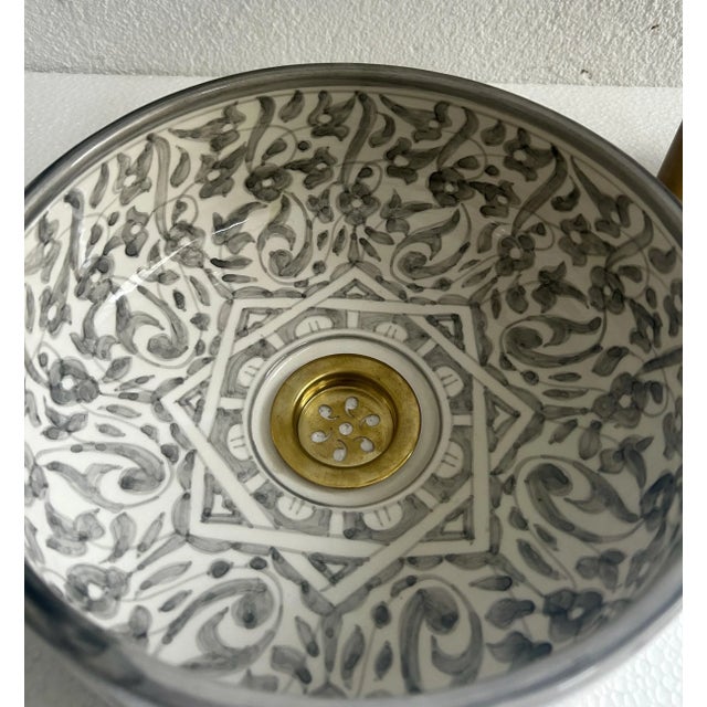 Gray Gray Ceramic Pottery Round Vessel Washbasin Sink for Bathroom With Brass Drain & Gifts For Sale - Image 8 of 9