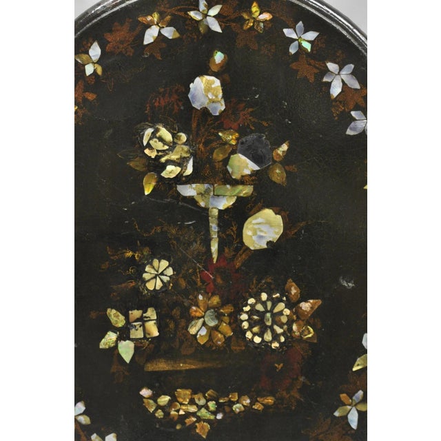 Wood Antique English Victorian Mother of Pearl Inlay Black Lacquer Tilt Top Table For Sale - Image 7 of 18