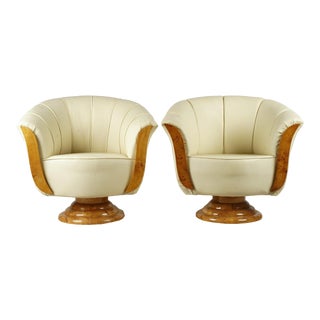 Art Deco Style White Leather Barrel Form Club Chairs - a Pair For Sale