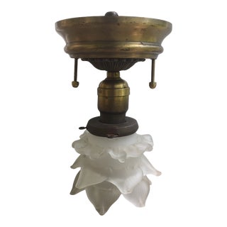Vintage Brass Ceiling Fixture With Blown Glass Flower Shade For Sale