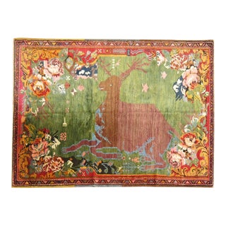 Early 20th Century Green Pictorial Deer Rug - 4'8" x 6'9" For Sale
