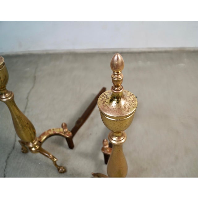 Brass 1930’s Solid Brass & Iron Andirons by Bennett - A Pair For Sale - Image 8 of 12
