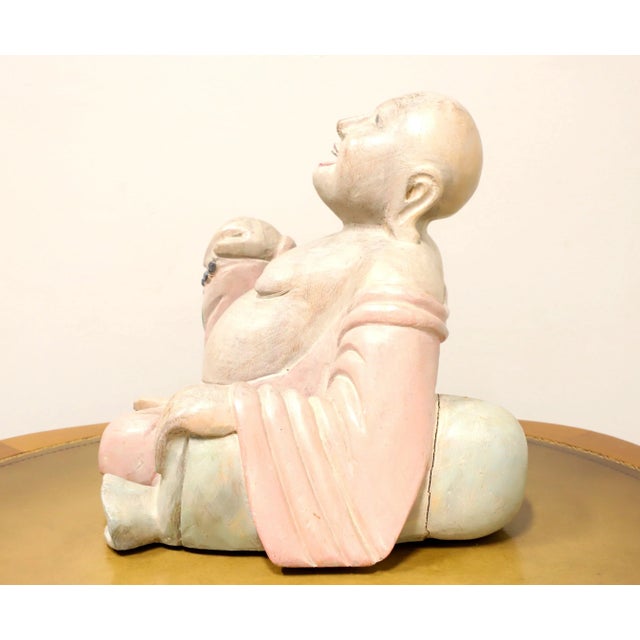 Mid 20th Century Carved Wood Smiling Buddha Figure Sculpture For Sale - Image 4 of 8