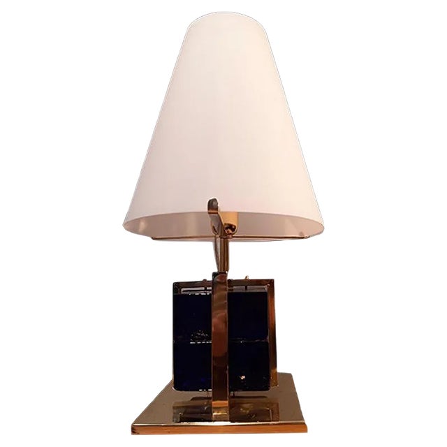 Table Lamp in Brass with Blue Glass Cubes and White Opaline Cone, 1990s For Sale