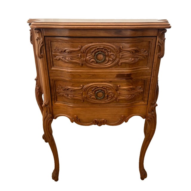 French Vintage French Cabinet Side Table Hidden Bar Storage Solid Walnut Hand Carved For Sale - Image 3 of 11