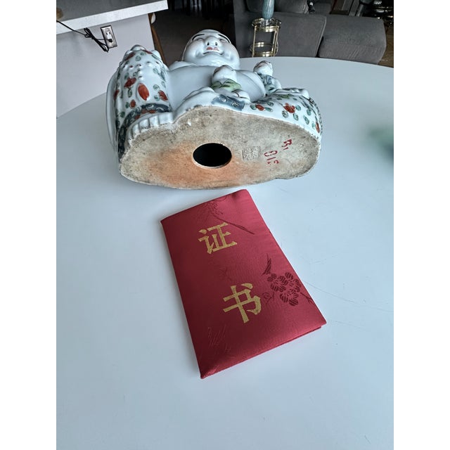 Antique Qing Chinese Famille Rose Porcelain Statue Laughing Buddha For Sale - Image 16 of 17