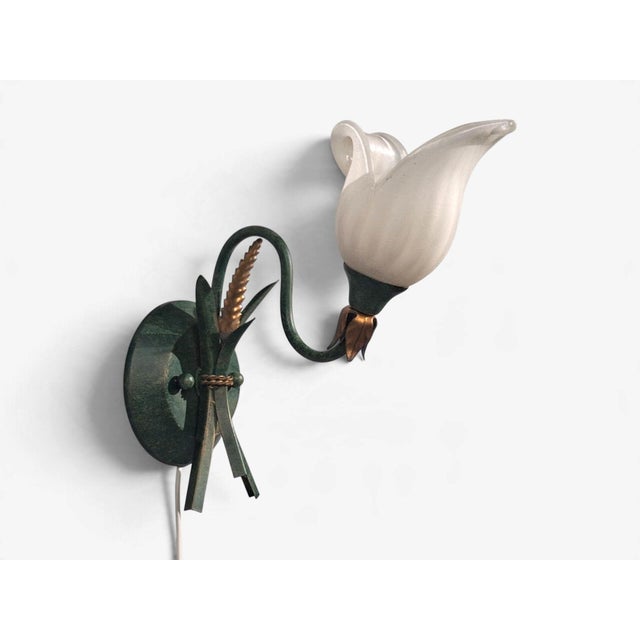 Metal 1960s Italian Floral Wall Sconces, Green Metal, Bronze, Glass - Pair For Sale - Image 7 of 12