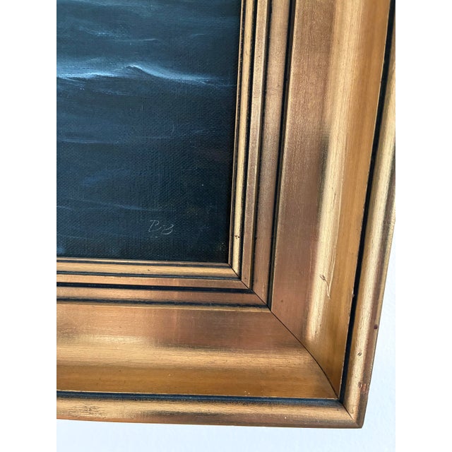 This original vintage seascape oil painting, from the early 1940s, shows a sailing ship moving through dark waves under a...