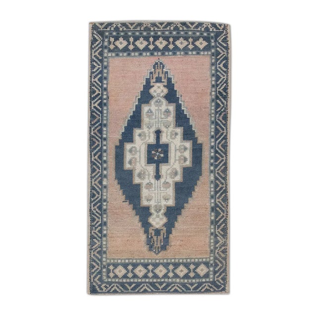1960s 1960s Pink & Blue Geometric Design Handwoven Wool Vintage Turkish Mini Rug 1'9" X 3'3" For Sale - Image 5 of 5