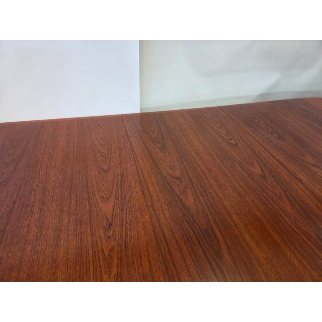 Mid- Century Danish Modern Teak Dining Table Round Opens Oval 105 Inches With 3 Leaves For Sale - Image 10 of 18
