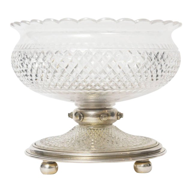 Large Art Deco Silver Plate Cut Glass Bowl / Compote Centerpiece For Sale