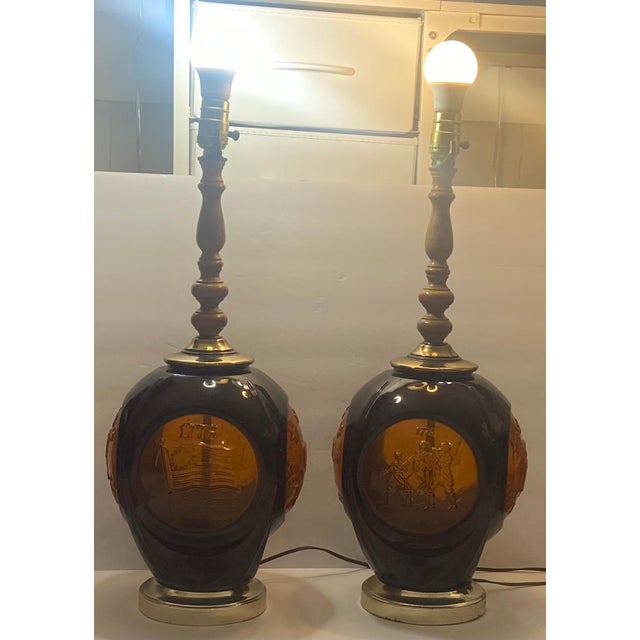 Mid-Century Modern Vintage Phoenix Consolidated Light Co Amber 24” Set of Patriotic Lamps Rare - a Pair For Sale - Image 3 of 18