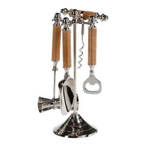 Polished Nickel and Leather Bar Tool Set, 5 Pieces