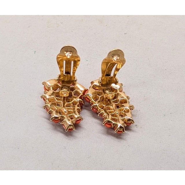 Metal Vintage 1958 Crown Trifari Goldtone Cabochon Faux-Coral & Faux-Pearl Clip Earrings-2 Pieces For Sale - Image 7 of 8