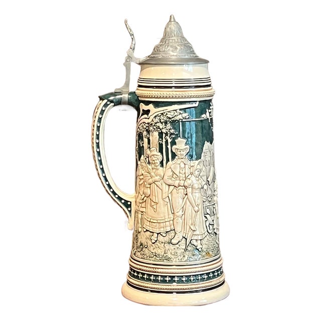 Vintage German Beer Stein Pewter Lid Relief Green & White 14" For Sale