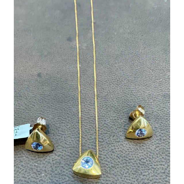Three Piece Tanzanite Pendant & Earring Set In 14 Karat Yellow Gold with Chain For Sale - Image 9 of 18