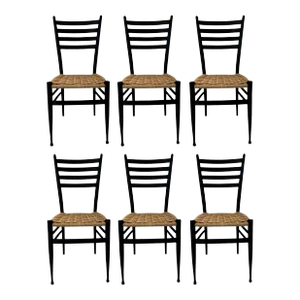 Set of Six Italian Gio Ponti Style Black Wood Ladder Back Dining Chairs With Danish Cord Woven Seats