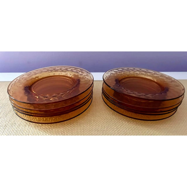 Art Deco S/10 Tangerine Orange Glass Side/Salad/Dessert Plates With Empressed Coin Dot Border For Sale - Image 3 of 7