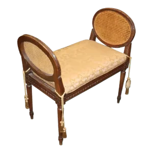 French Louis XVI Style Carved Walnut Petite Window Bench with Silk