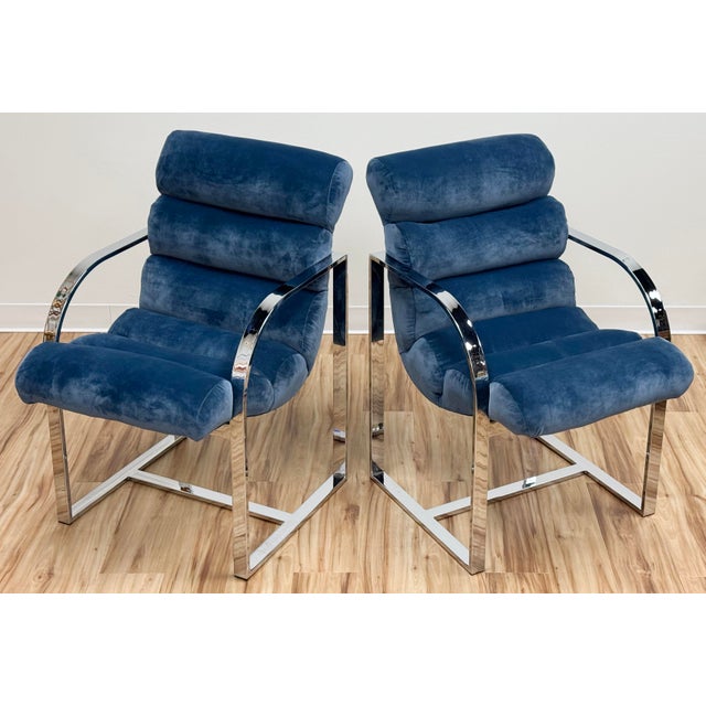 Mid-Century Modern Vintage Newly Upholstered Blue Velvet Chrome Sling Chairs, a Pair For Sale - Image 3 of 18