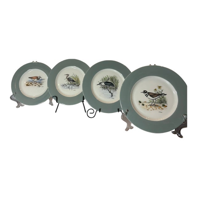 1970s Lot of Four (4) 1972 Dennis Puleston “Shore and Water Birds” Hand-Colored Plates With Celadon Green Trim, Set of Four, Delano Studios For Sale