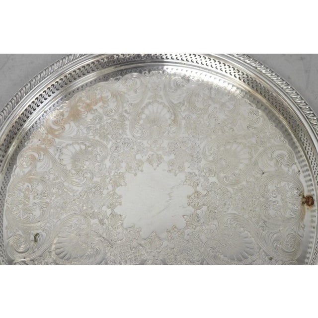 Metal Vintage Wm Rogers Round Sllver Plated Raised Gallery Serving Platter Bar Tray For Sale - Image 7 of 12