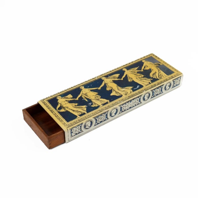 Rustic European Vintage Greek Muses Metal Decorative Box With Sliding Wood Interior For Sale - Image 3 of 13