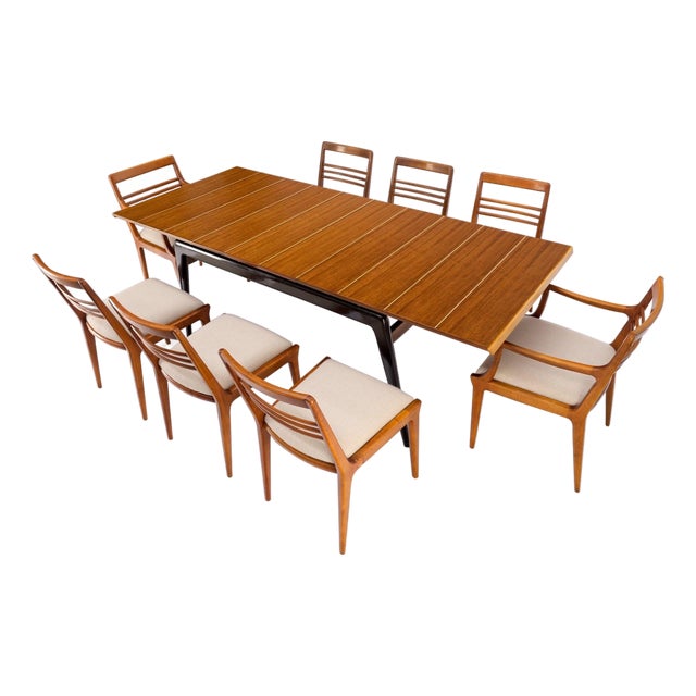 Italian Mid-Century Modern Dining Table 8 Chairs Set New Linen Upholstery Seats For Sale