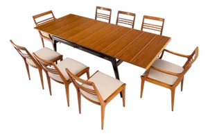 Italian Mid-Century Modern Dining Table 8 Chairs Set New Linen Upholstery Seats