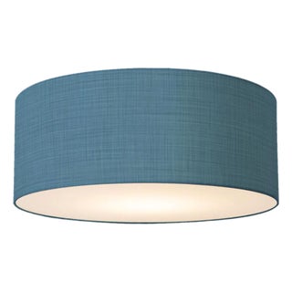 Stretch Flush Mount, Turquoise Linen Shade, Satin Nickel For Sale