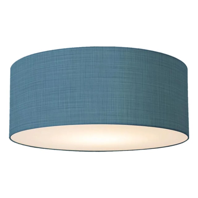 Stretch Flush Mount, Turquoise Linen Shade, Satin Nickel For Sale