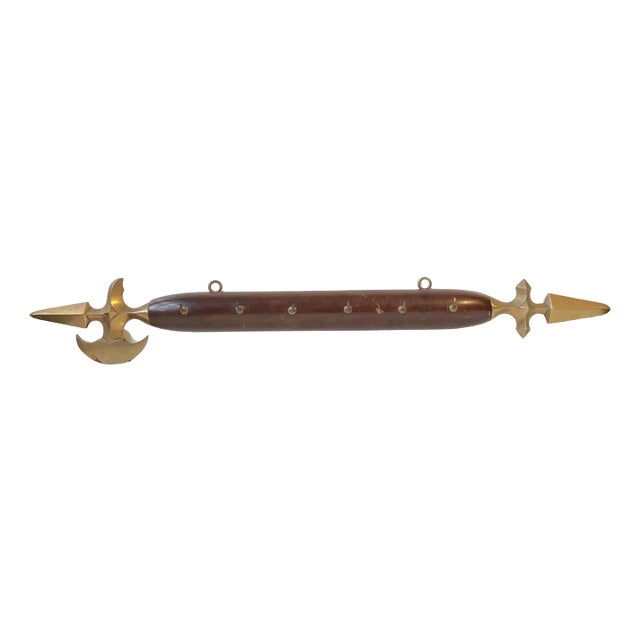 Antique Battle Axe Key Rack in Brass & Mahogany, 1920s For Sale