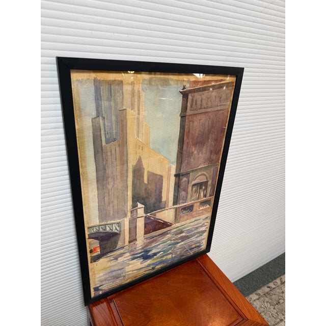 Realism Franke Sunshine on the Bridge Original Watercolor, Signed Circa 1938 For Sale - Image 3 of 12