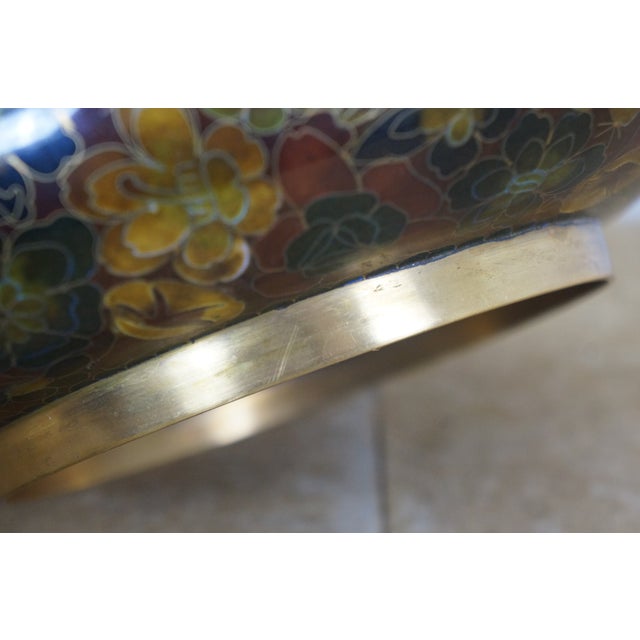 Mid 20th Century Chinese Cloisonne Enameled Brass Thousand Flowers Brush Bowl & Elm Stand For Sale - Image 10 of 13