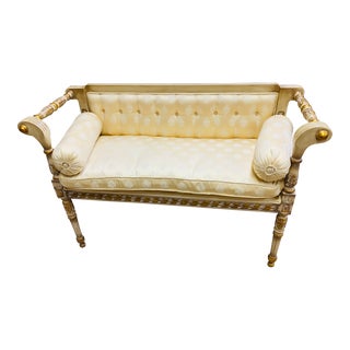 Vintage Silk Upholstered Tufted Rolled Arm Bench Settee For Sale