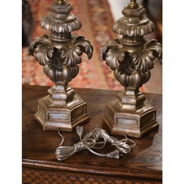Silver Pair of Mid-Century Italian Carved Silvered Table Lamps For Sale - Image 8 of 9
