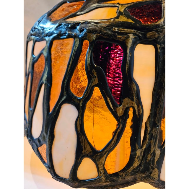 Amber Antique Folk Art Stained Glass Pendant Fixture For Sale - Image 8 of 10