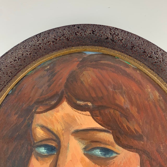 Contemporary Vintage Female Portrait Painting Side Eyed Blue Eyes Framed Signed Yuri Double Sided For Sale - Image 3 of 7