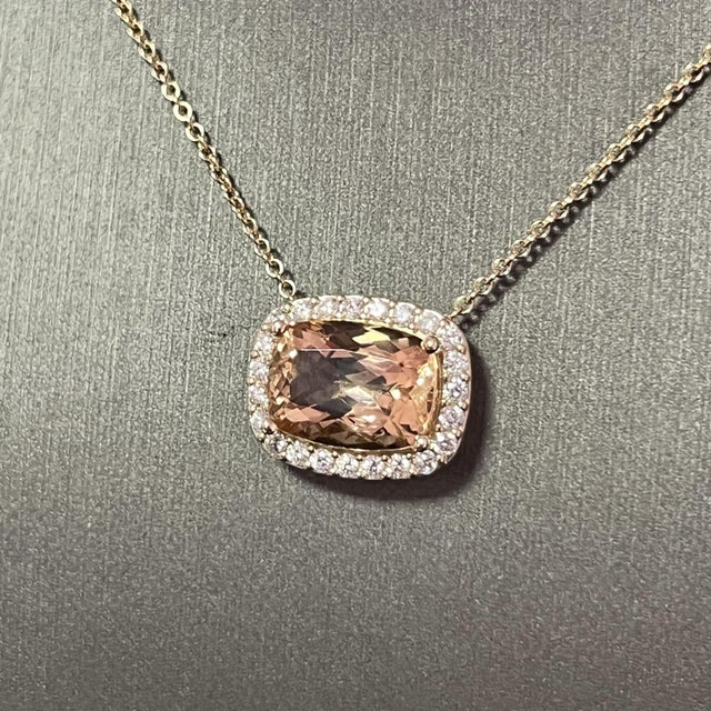 Metal Diamond Morganite Pendant Necklace 14k Gold 7.35 TCW Certified For Sale - Image 7 of 12
