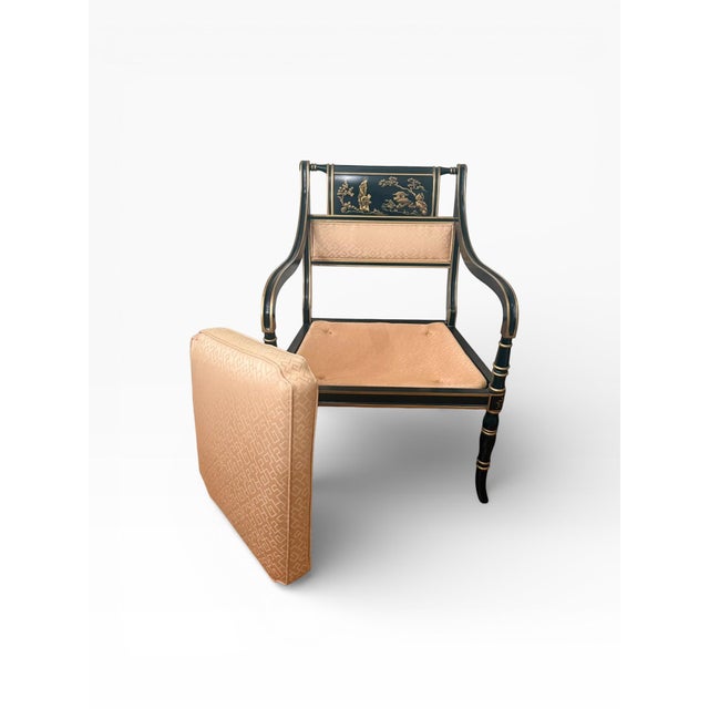 1990s Pair of Drexel Heritage Chinoiserie Regency Armchairs in Ebonized Finish With Gilt Decoration For Sale - Image 5 of 13