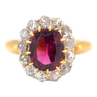 Antique Belle Époque Ring 18k Gold - 2.5ct Rubellite Garnet & 1ct Old Cut, Size 6.5 For Sale