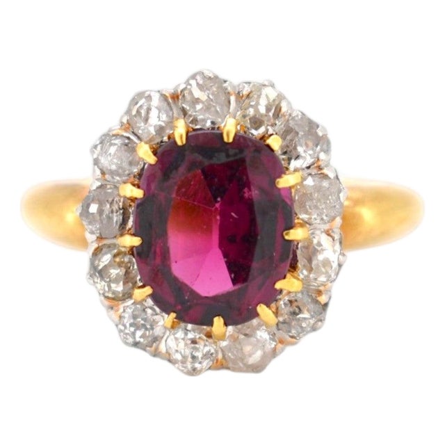 Antique Belle Époque Ring 18k Gold - 2.5ct Rubellite Garnet & 1ct Old Cut, Size 6.5 For Sale