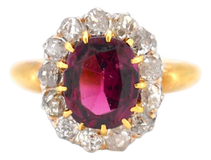Antique Belle Époque Ring 18k Gold - 2.5ct Rubellite Garnet & 1ct Old Cut, Size 6.5